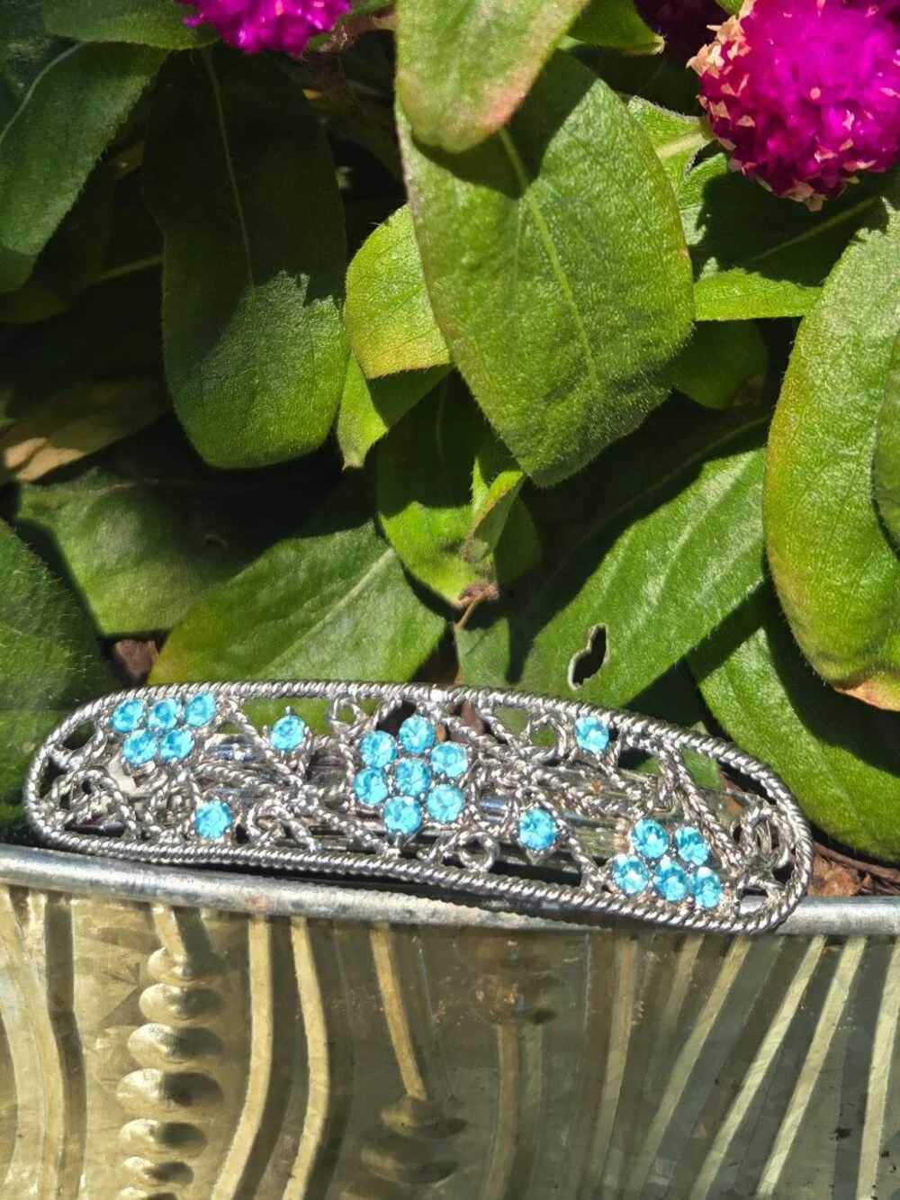 Something Blue Rhinestone Hair Clip - Vintage Silver & Blue Floral Bridal Barret